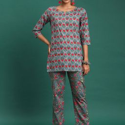 Sangria Printed Pure Cotton Three Quarter Sleeve Tunic & Trouser Co-Ords-image-57