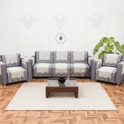 Aura Cream-Coloured & Blue 16 Pieces Velvet Sofa Cover With Arms-6