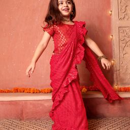 Babyhug Short Sleeves Blouse & Sequinned Ruffle Saree Set - Red-image-93