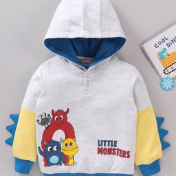 Babyhug Full Sleeves Hooded Sweatshirt with Little Monsters Print & 3D Applique - Grey-image-8