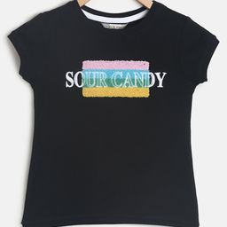 Tales & Stories Cap Sleeves Sour Candy Embroidered & Fur Appliqued Tee - Black-picture-49