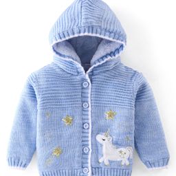 Babyhug Full Sleeves Hooded Sweater Unicorn Design - Blue-image-79