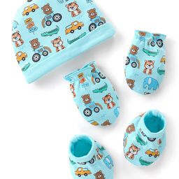 Babyhug 100% Cotton Knit Cap Mittens & Booties Set with Car Print - Blue-image-55
