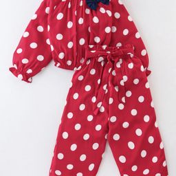 CrayonFlakes Full Sleeves Polka Dots  Printed & Bow Embellished Co Ord  Set - Red-image-79