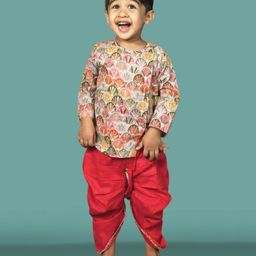 Polka Tots Full Sleeves Scallop Design Flower Motif Kurta & Gota Lace Embellished Dhoti - Red-image-80