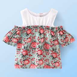 Babyhug Rayon Woven Half Sleeves Cold Shoulder Woven Top with All Over Floral Print - Light Blue-image-20