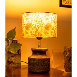 Green Girgit Wooden Carved Lamp with Birdy Multicolor Shade-12