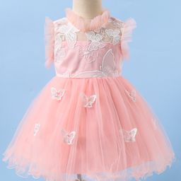 Kookie Kids Sleeveless Party Wear Frock with Butterfly Applique & Frill Detailing - Pink-image-19
