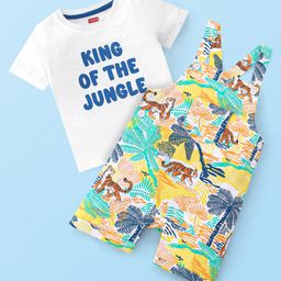 Babyhug Single Jersey Cotton Knit Dungaree with Half Sleeves Inner Tee Jungle Safari Print - Multicolour-image-98