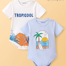 Babyoye  100% Cotton Knit With Eco Jiva Finish  Half Sleeves Onesies with Tropical & Beach Theme Print Pack of 2 - Blue & White-image-98