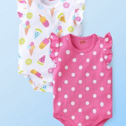 Babyhug 100% Cotton Knit Frill Sleeves Polka Dots & Ice Cream Printed Onesies Pack of 2 - White & Pink-26