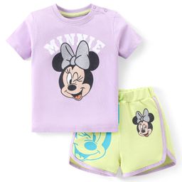 babyhug disney Babyhug Disney Cotton Knit Half Sleeves T-Shirt & Shorts Set with Front and Back Minnie Mouse Graphics - Purple & Green-picture-15