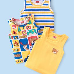Babyhug 100% Cotton Knit Sleeveless Antibacterial Sandos with Striped & Animal Print Pack of 3 - Blue & Yellow-image-87