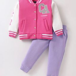 Pepito Fleece Knit Full Sleeves Winter Wear Bomber Jacket & Lounge Pant Set With Text Print - Dark Pink & Purple-image-11