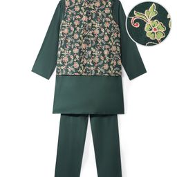 Pine Kids Woven Full Sleeves Solid Kurta Pyjama Set with Floral Printed Jacket - Green-image-55