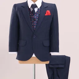 Robo Fry Woven Full Sleeves Floral Printed 4 Piece Party Suit With Tie - Navy Blue-image-72