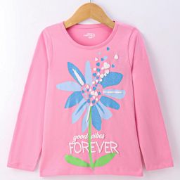 Under Fourteen Only Full Sleeves Floral Shimmered & Good Vibes Foreover Text Printed Top - Cancy Pink-image-5