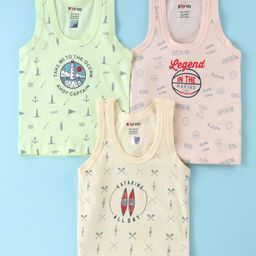Revvo Junior Cotton Knit Sleeveless Vests With Nautical Theme Print Pack of 3 - Mint Beige & Pink-13