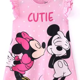 Babyhug Disney Cotton Frill Sleeves Nighty with Minnie & Mickey Graphic-Pink-image-110