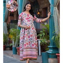 Aujjessa Cotton Three Quarter Sleeves Floral Printed Maternity Feeding Dress with Concealed Zipper Nursing AccessCream Multi-image-91