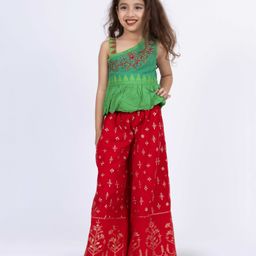Twisha Sleeveless Floral Embroidered & Foil Printed Top & Palazzo Set - Green & Red-image-24