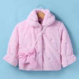 Little Kangaroos Full Sleeves Solid Color Sequinned Fur Winter Jacket with Sling Bag - Off Pink-image-95