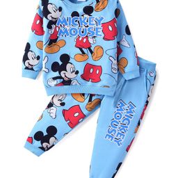 Babyhug Disney Terry Knit Full Sleeves Mickey Mouse Printed T-Shirt & Lounge Pant Set - Light Blue-image-52