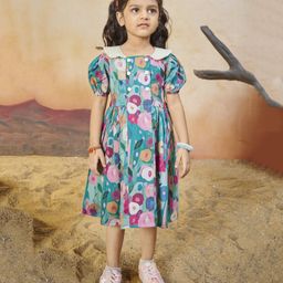Tiny Twills Rayon Half Puffed Sleeves Floral Printed & Schiffli Lace Embellished Dress - Teal Blue-image-45