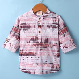 Rikidoos Full Sleeve Abstract Printed Kurta Style Shirt - Onion Pink-image-1