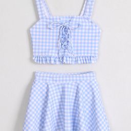 Mark & Mia Sleeveless Two Piece Swimsuit with Checkered Print & Lace Detailing - Light Blue-image-17