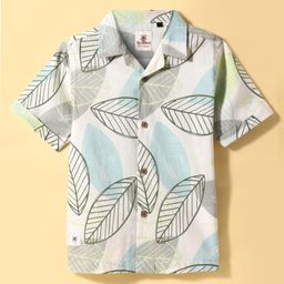 Ruff Linen Woven Half Sleeves Shirts With Leave Print - White & Blue-image-90