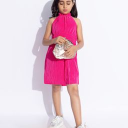 Taffykids Sleeveless Halter Neck Detailed Pleated Party Dress - Hot Pink-image-11