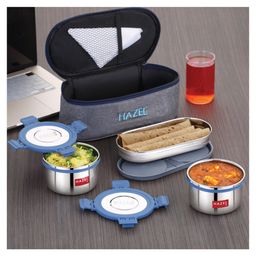 HAZEL Hercules Stainless Steel Lunch Box Set with Roti Dabba & Flat Bag | 3-Piece Leak-Proof Container Set-image-2