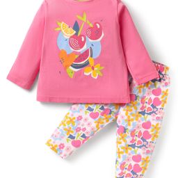 Zero Sinker Knit Full Sleeves Top & Leggings Set With Fruit & Floral Print - Pink-image-78