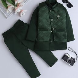 Fourfolds Full Sleeves Geometric Embroidered 3 Piece Part Suit Set - Dark Green-image-73