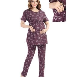Fabme Pure Cotton Knit Half Sleeves Stars Printed Coordinating Maternity Night Suit Set With Nursing Access - Wine Purple-image-11