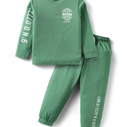 Smarty Boys Looper Knit Full Sleeves T-Shirt & Lounge Pant Set With Text Print - Mint-image-97