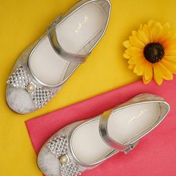 boyz n galz Bow Applique Detailed Pearls Embellished Shimmered Velcro Closure Mary Jane Ballerinas - White-image-51