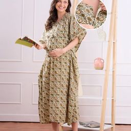 Bella Mama Cotton Woven Half Sleeves Maternity Nursing Kaftan With Floral Print - Multicolour-picture-29
