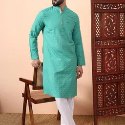 Latest Chikan Garments Men Geometric Printed Thread Work Block Print Kurta-7