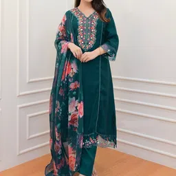 WAZIX Clothing Floral Embroidered V-Neck A-Line Kurta With Trousers And Dupatta-picture-5
