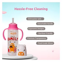 Adore ALGO Snr. 2 in 1 Baby Silicon Spout & Straw Sipper with Gravity Ball & Twin Handle - 250ml- Family Theme Pink image 4