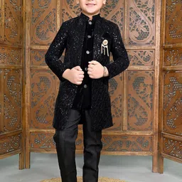 ahhaaaa Boys Sequin Embroidered Velvet Sherwani Set-28