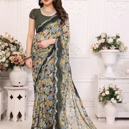 The Textile Hub Floral Mirror Work Pure Georgette Saree-image-19