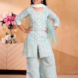 BAESD Girls Floral Embroidered Regular Pure Silk Kurta with Palazzos & With Dupatta-image-17