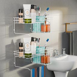 Kuber Industries White Set Of 2 Metal Shower Caddy Corner Shelves with Adhesive Organizer-52