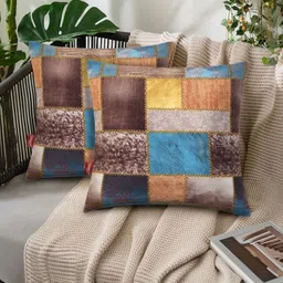 Tesmare Brown & Yellow Set of 2 Geometric Velvet Square Cushion Covers-2
