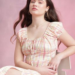 DressBerry Checked Tie-Up Neck Puff Sleeve Empire Dress-picture-12