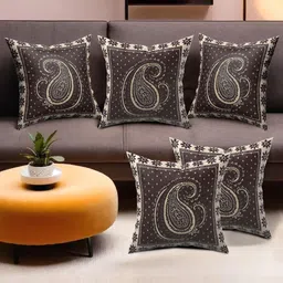 Aura Brown & Cream-Coloured Set of 5 Ethnic Motifs Square Cushion Covers-6