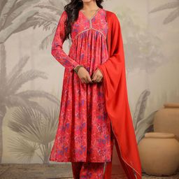 KALINI Floral Printed V-Neck Anarkali Kurta With Trousers And Dupatta-58